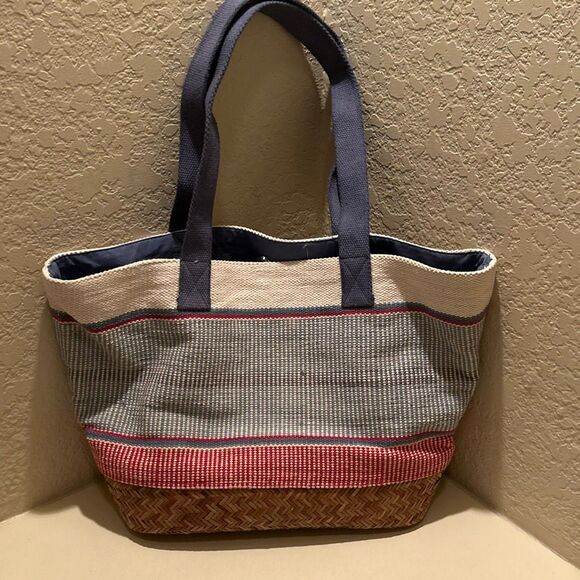 Guadalupe Aruba Tote Red White Blue Wide Stripe Cotton Canvas Prep Nautical NWT - Picture 2 of 10